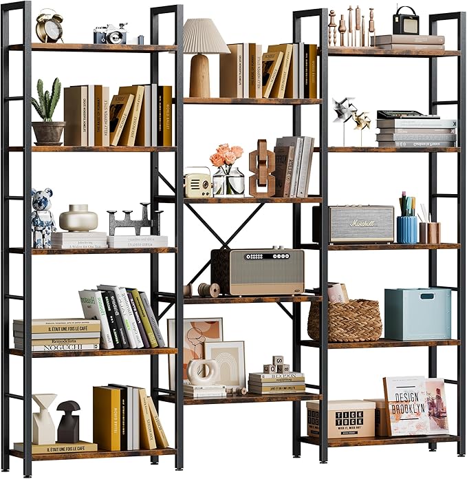Shintenchi Triple Column 5 Tier Bookshelf, Industrial Large Bookcase Display by Shintenchi%7CFurnitureMadeforRealLife