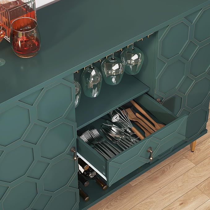 Modern Bar Cabinet with Drawer, Liquor Cabinet with Wine Glass Racks and Shelves - Image 5