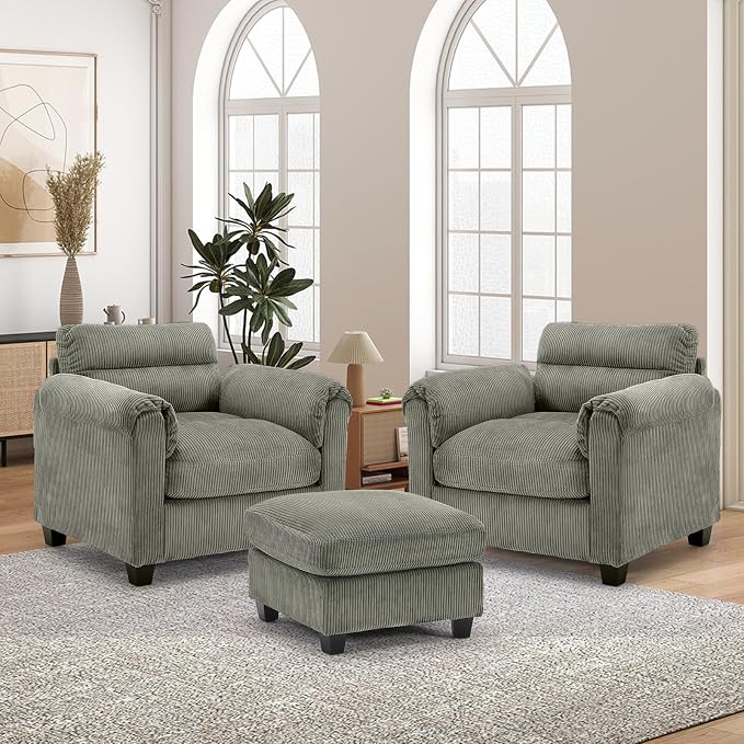HAOMARKETS Corduroy 3-Piece Sofa Set, Upholstered Ottoman and Accent Chair Sofa - Image 6