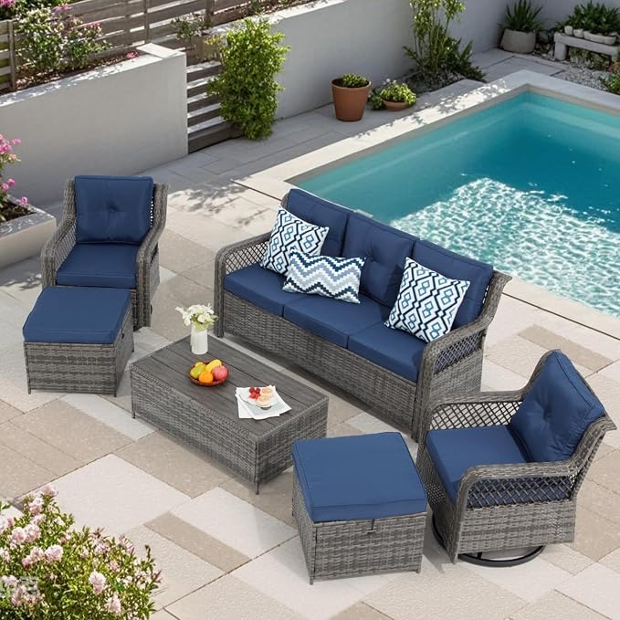 6 Pieces Wicker Patio Furniture Set Conversations Sets, 2 Outdoor 360° Swivel - Image 6