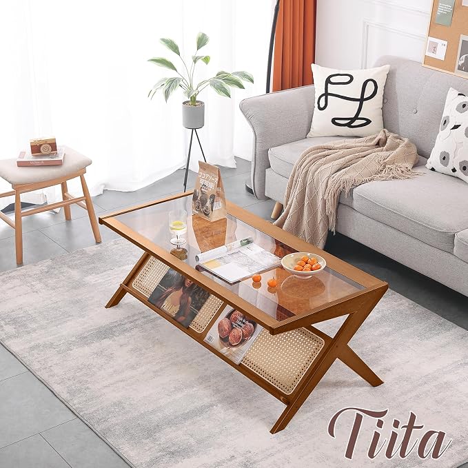 Tiita Rattan Coffee Table, Bamboo Accent Bedside Tables, Glass Nightstand Side - Image 2