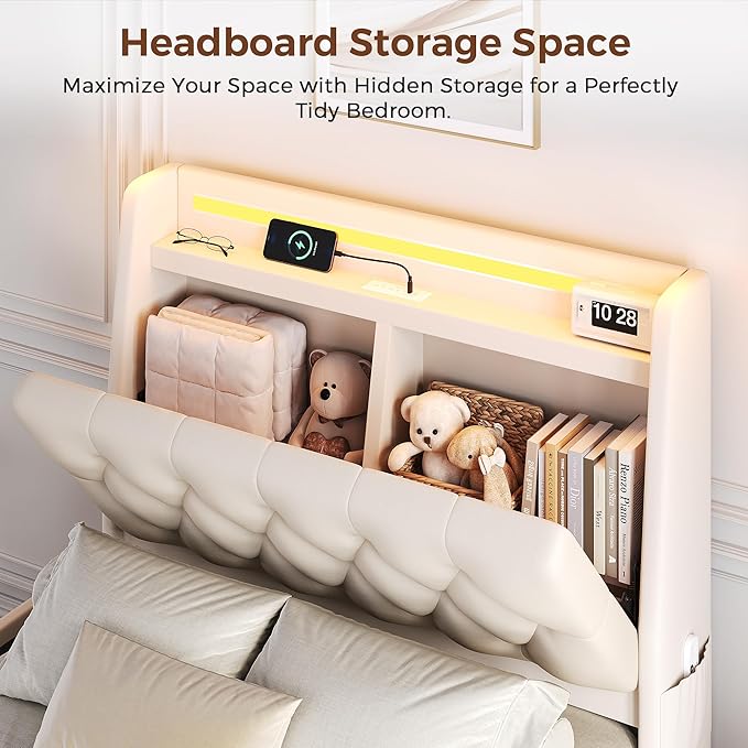 Twin LED Velvet Bed Frame with 2 Storage Drawers&Hidden Headboard, Upholstered - Image 3