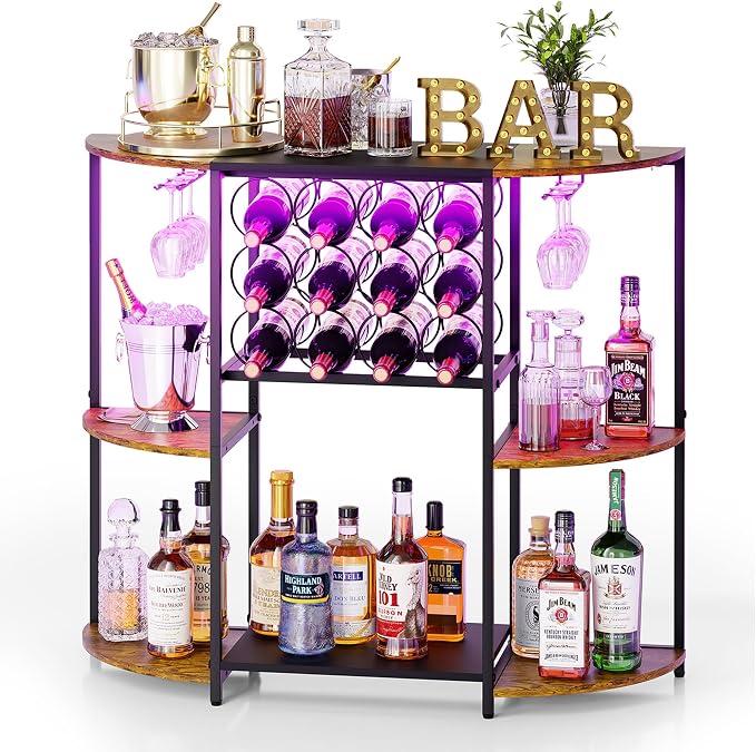 JKsmart Wine Bar Cart with LED Lights, Mini Wine Rack with Storage and Glass by JKsmart