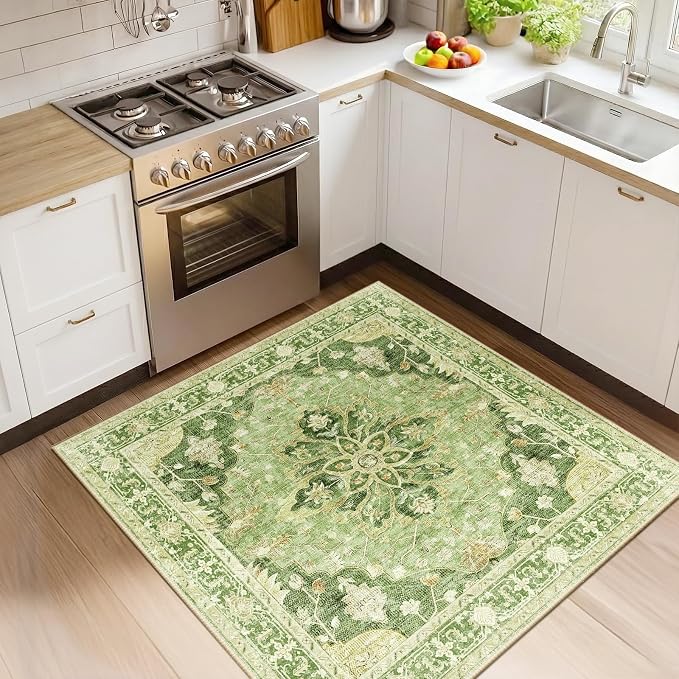 RELEANY Area Rugs Square 4ft Washable Non-Slip, Floral Vintage Distress Print by RELEANY