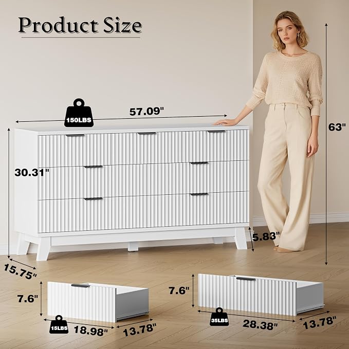 BORNOON 57" Long Dresser for Bedroom, 7-Drawer Fluted Chest, Wide Wood Storage - Image 2