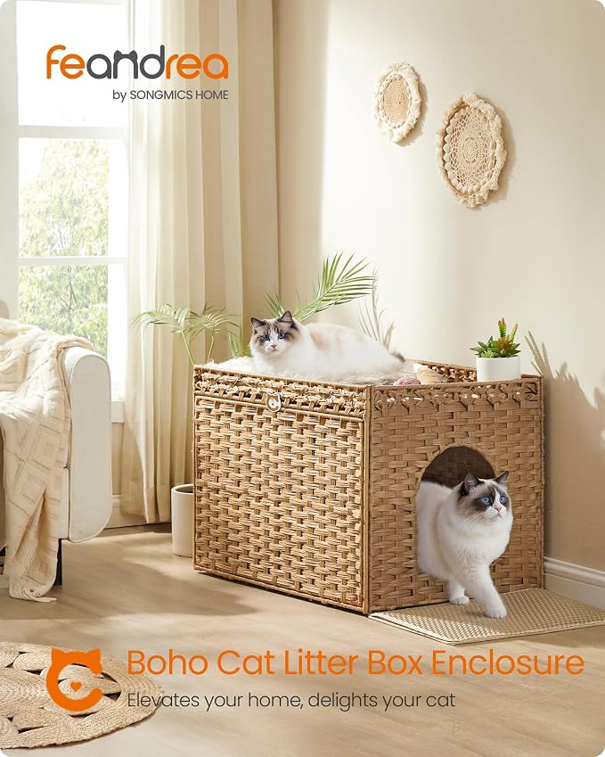 Feandrea Cat Litter Box Enclosure, Handwoven Rattan Hidden Litter Box Furniture - Image 2