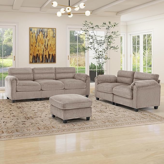 HAOMARKETS Corduroy 3-piece Sofa Set, Upholstered Ottoman, Loveseat 2-Seater by HAOMARKETS
