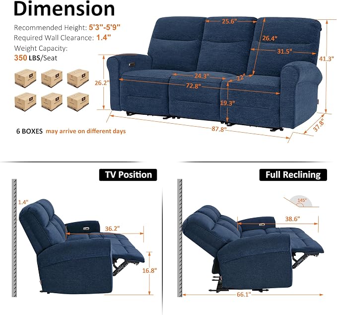 MCombo 87.8" Wall Hugger Power Reclining Sofa, 3-Seat Triple Recliner Couch - Image 3