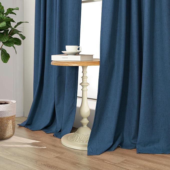 Navy Blue Black Out Curtains 63 Inch Long 2 Panel Burg Linen Textured Thermal - Image 9