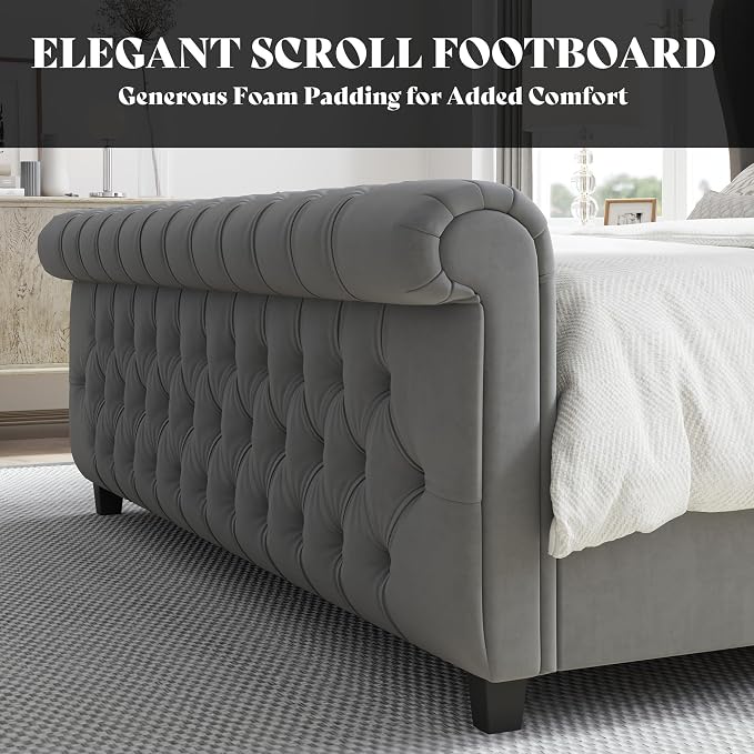 AMERLIFE California King Size Platform Bed Frame, Velvet Upholstered Sleigh Bed - Image 5