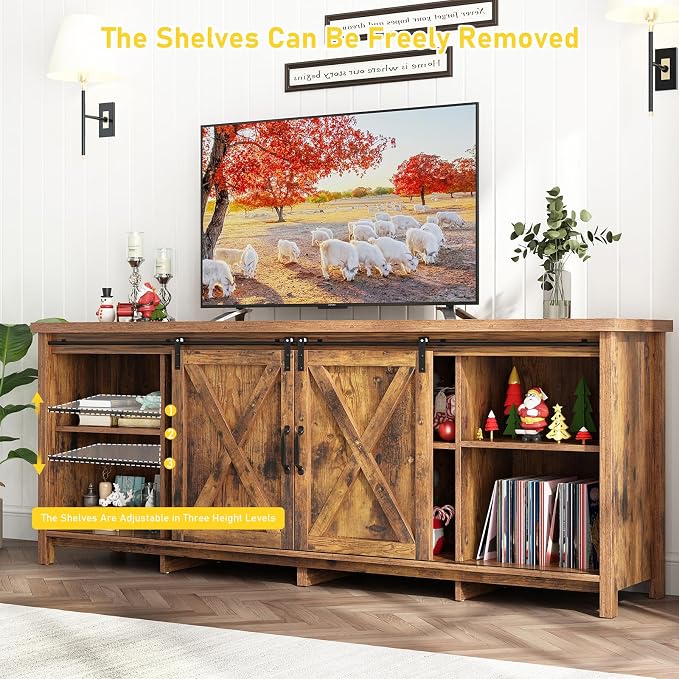 70" Farmhouse TV Stands for 70 75 80inch TV w/Adjustable Shelves, Sliding Barn - Image 5