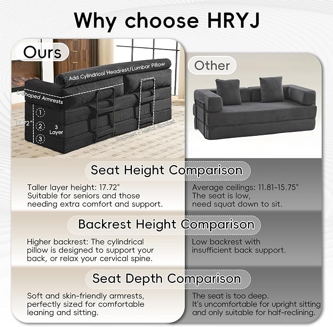 60" Boneless Couch, 5-in-1 Convertible Sofa Bed Tri Folding Mattress - Image 5