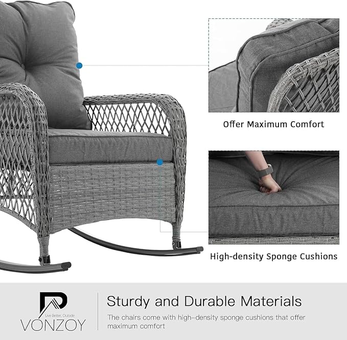 Patio Furniture Set 3 Pieces, Wicker Outdoor Rocking Bistro Set - Image 3