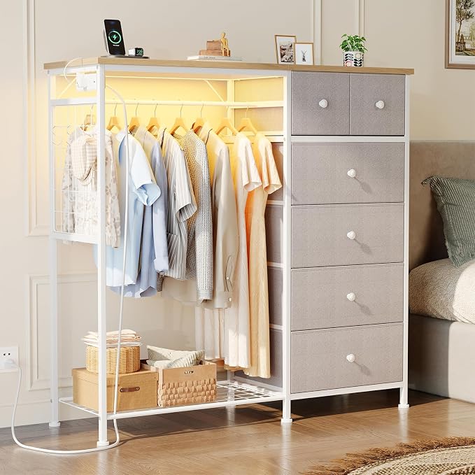DUMOS Dresser for Bedroom with Hanging Rack, 6 Drawer Fabric Dresser with - Image 2