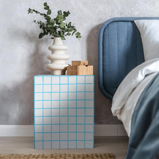 JONATHAN Y Callista 18-Inch White/Neon Blue Modern Ceramic Tiled Cube Side Table - Image 2
