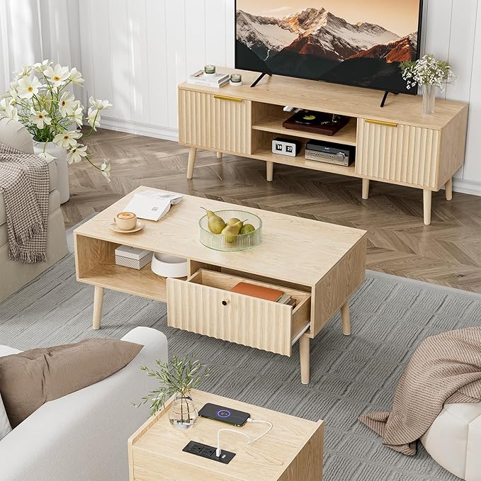 LCRBOL Coffee Table with Storage, Boho Dining Table with Fluted Drawer and - Image 4