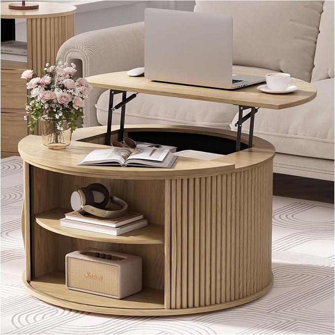JOINICE 31.5" Round Lift Top Coffee Table, Natural Oak Modern Fluted Drum by Joinice