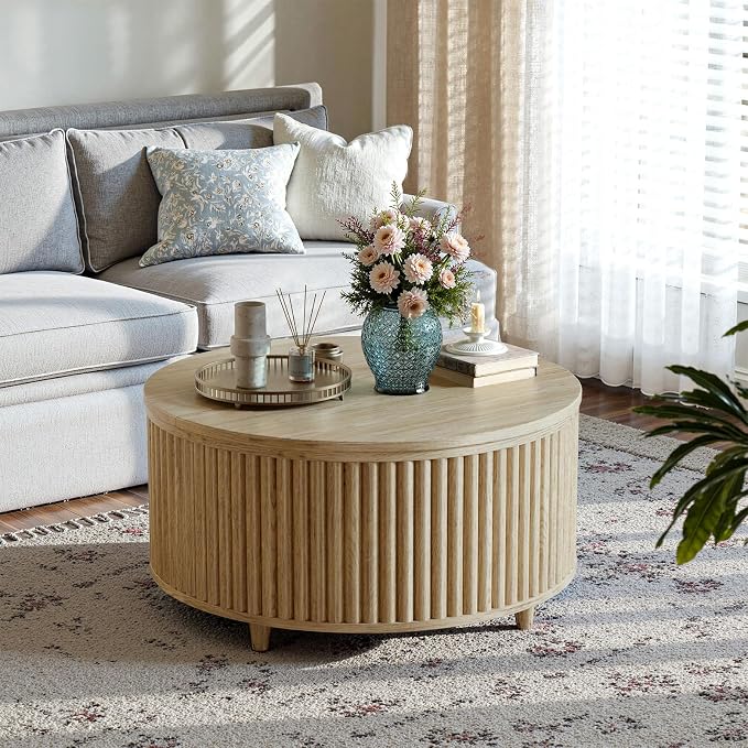 Evermagin 31.5'' Round Coffee Table, Fluted Lift Top Oak Coffee Table - Image 3