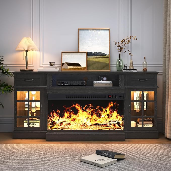 MXV 70" Fireplace TV Stand, 3-Sided Glass Fireplace and Modern Entertainment - Image 8