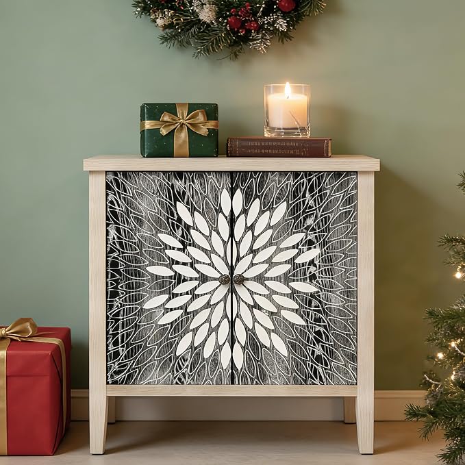 Black Accent Furniture, 32 Inch Wide 2-Door Carved Geometric Sideboard Buffet by mixtavie