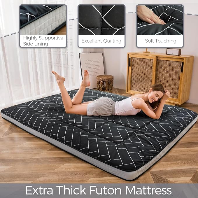 MAXYOYO Black Geometric Pattern Futon Mattress, Japanese Floor Mattress Quilted - Image 6