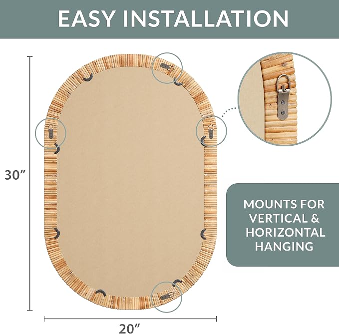 Barnyard Designs Oval Rattan Wall Mirror, Natural Tan Woven Rattan Frame - Image 6