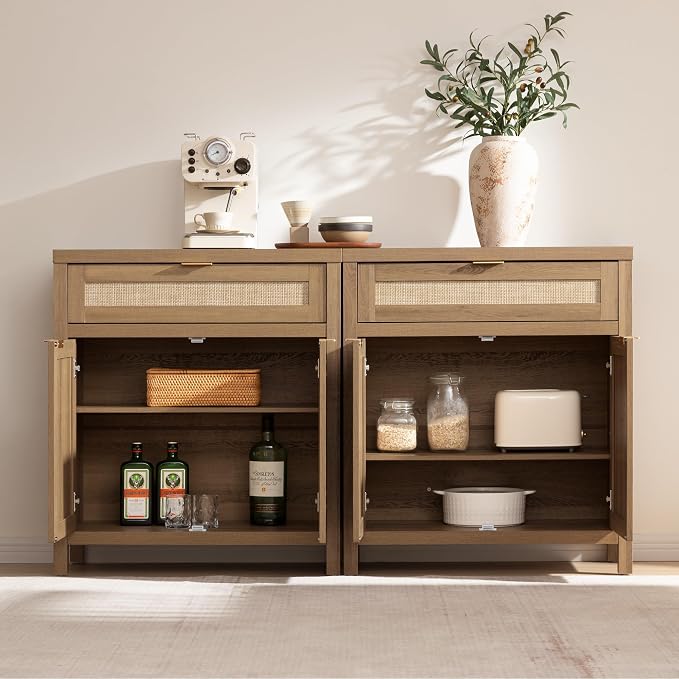 SICOTAS Sideboard Buffet Cabinet Set of 2, Rattan Credenza Storage Cabinet - Image 5