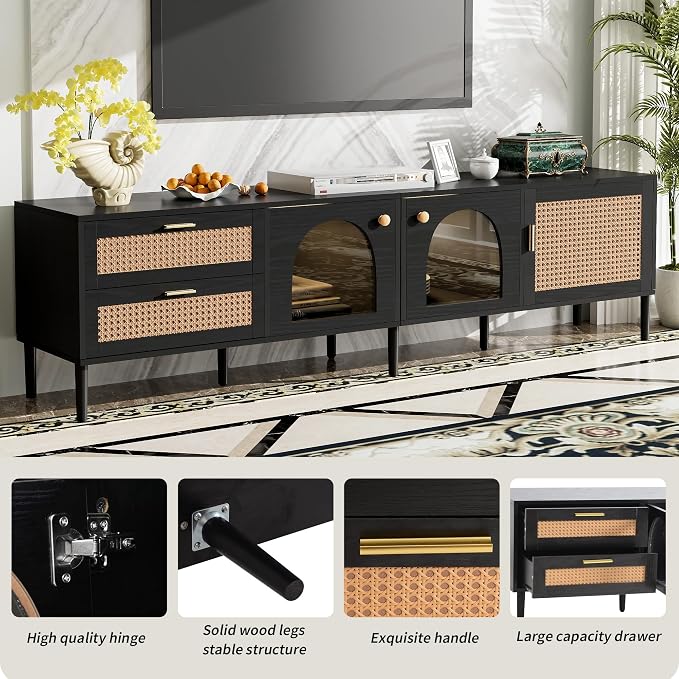 Merax Rattan TV Stand with LED Lights, Solid Wood Feet, Living Room, Bedroom - Image 6