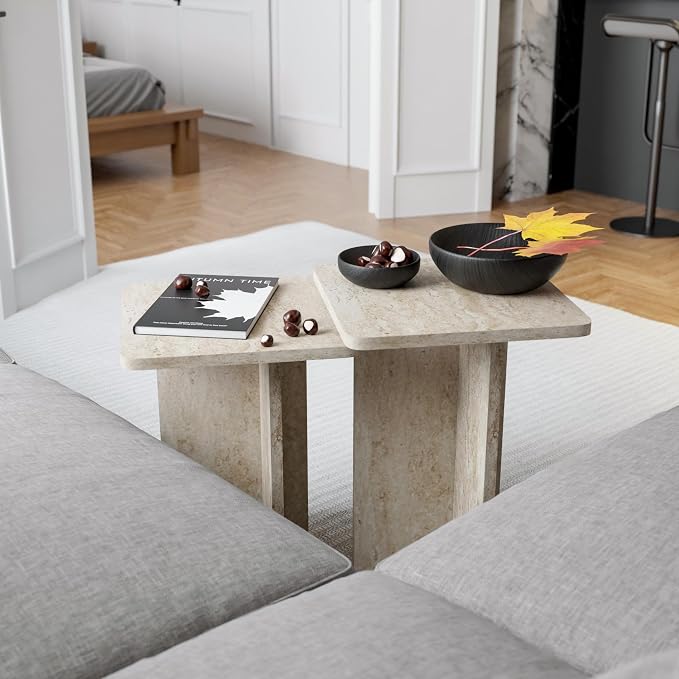 Travertine Efect Square Nesting Table Set of 2 Modern Coffee Table Small Side - Image 7