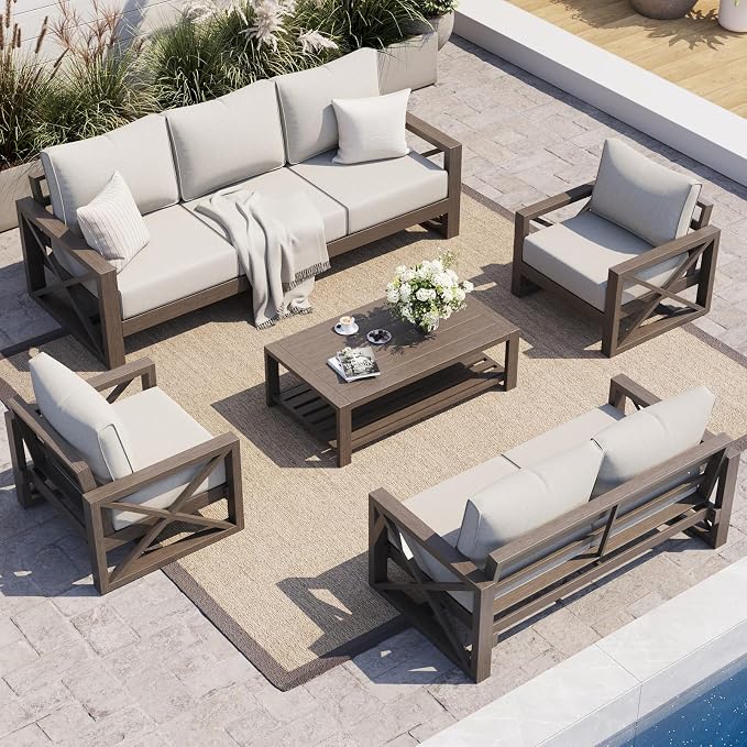 UDPATIO Aluminum Patio Furniture Set, Faux Wood Grain Modern Outdoor Furniture by UDPATIO