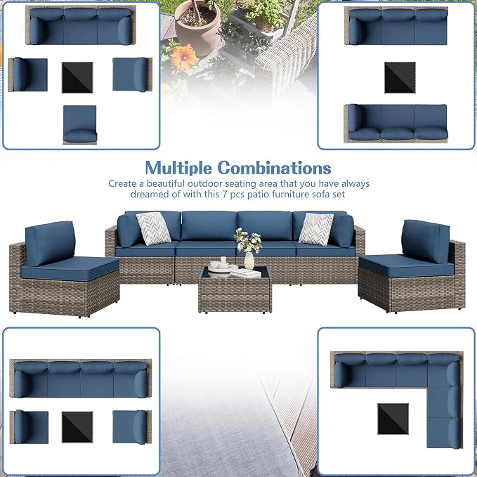 7 Piece Outdoor Patio Furniture Set, Natural PE Rattan Wicker Sectional Sofa - Image 2