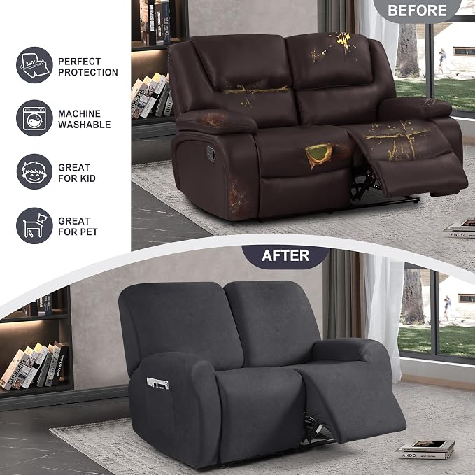 ANARACHON Leather Look Loveseat Recliner Cover, 6-Pieces Stretch Dual Recliner - Image 5