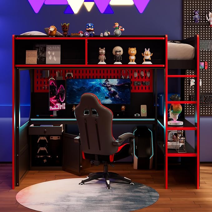 Modern Gaming Loft Bed with Built-in Desk, LED Lighting & Charging Hub –Twin by Unknown