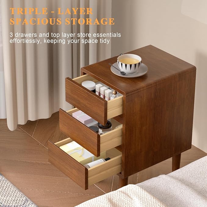 Nightstand with 3 Drawers Narrow Night Stand Solid Wood Bedside Table Mid - Image 3