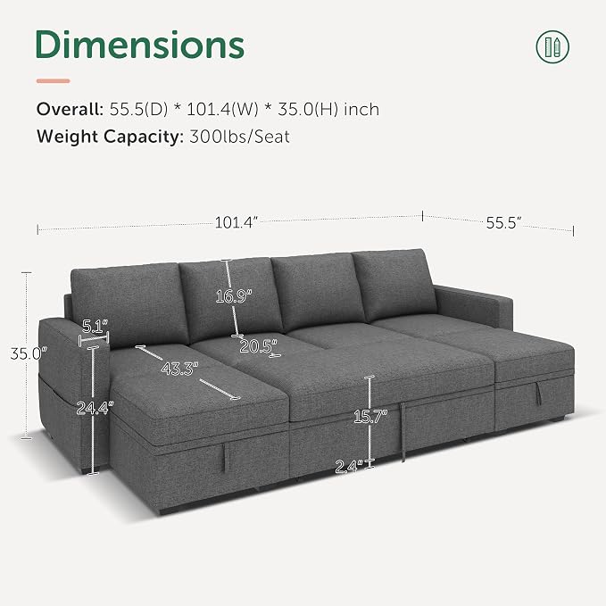 HONBAY Modular Sectional Sleeper Sofa Bed, Sectional Couch - Image 2