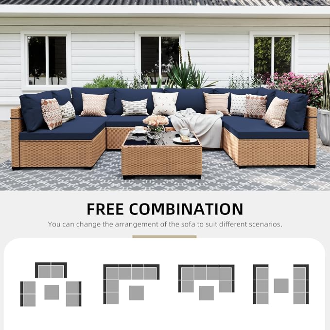 UPHA 7 Pieces Patio Furniture Sets, Wicker Outdoor Sectional Sofa Couch - Image 4