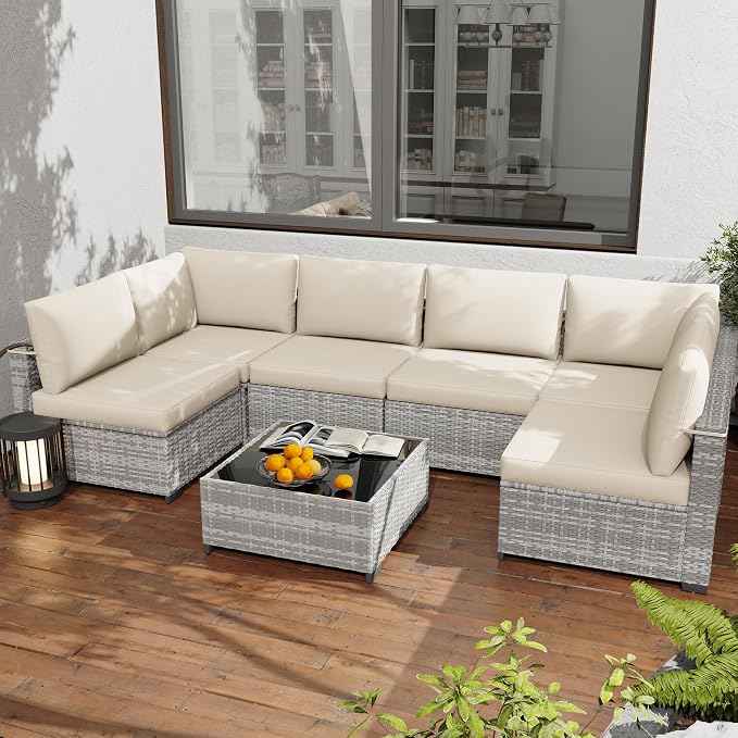 KIGOTY 7-Piece Patio Furniture Set, All-Weather PE Rattan Outdoor Sectional Sofa by KIGOTY