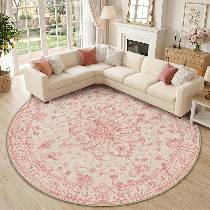 RELEANY Area Rugs Round 10ft Washable Non-Slip, Floral Vintage Distress Print by RELEANY
