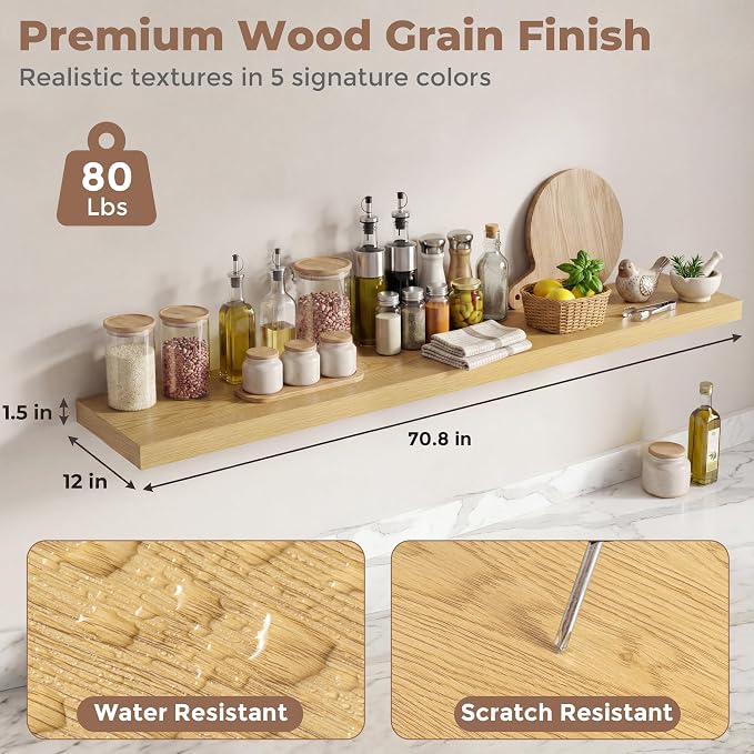 12 inch Deep Floating Shelves for Wall, 72 inch Wide Engineered Wood Wall - Image 2
