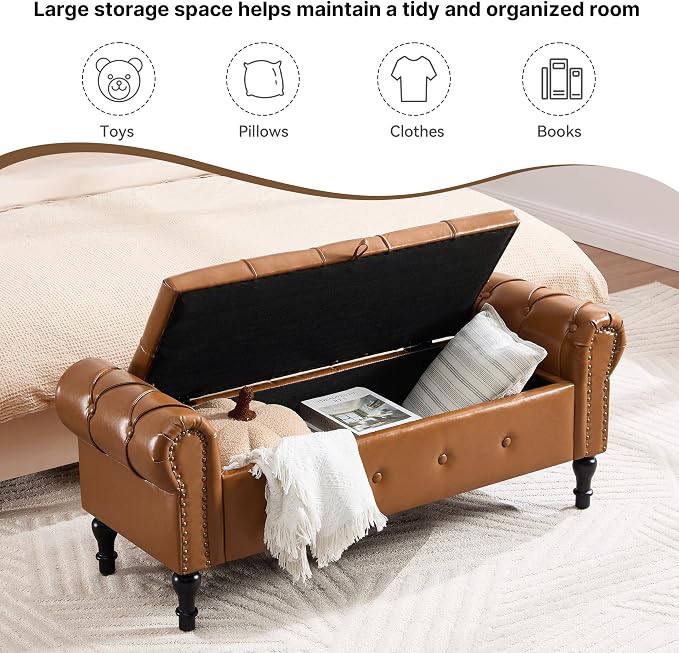 Storage Bench for Bedroom, Faux Leather 51" End of Bed Bench, Queen Size Bench - Image 4