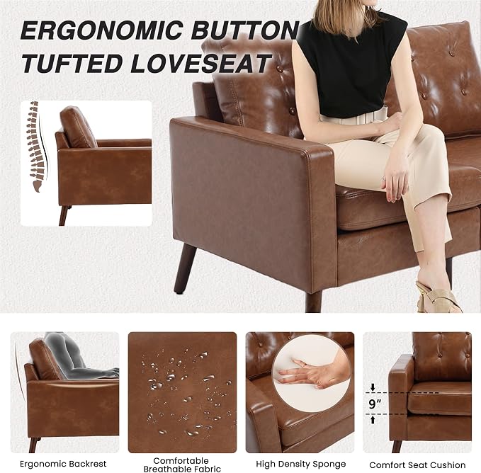 HNY Mid Century Modern 53" Loveseat Sofa, Comfy Upholstered Button Tufted Faux - Image 5