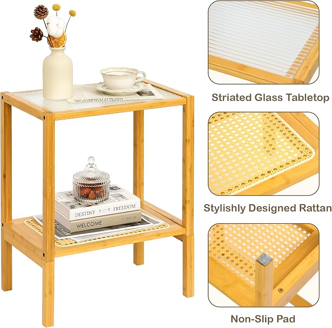2-Tier Bamboo Side Table, Modern Glasstop Rattan Side Table, Mid Century Wood - Image 3