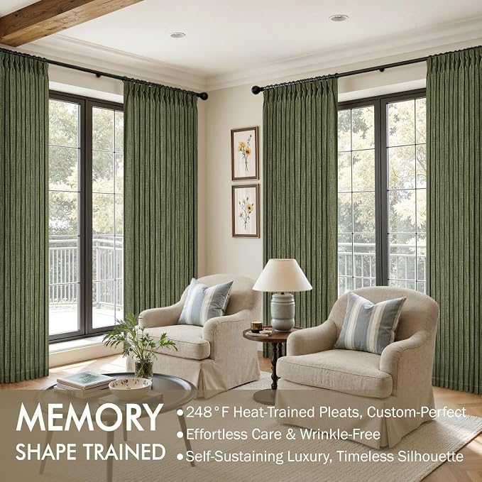 MIULEE Olive Green Pinch Pleated Thick Linen Curtains 102 Inches Long 2 Panels - Image 2