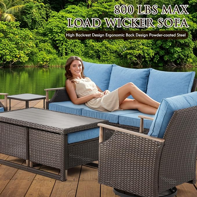 MELLCOM 7 Piece Patio Furniture Set Wicker Patio Conversation Set Rocking - Image 6