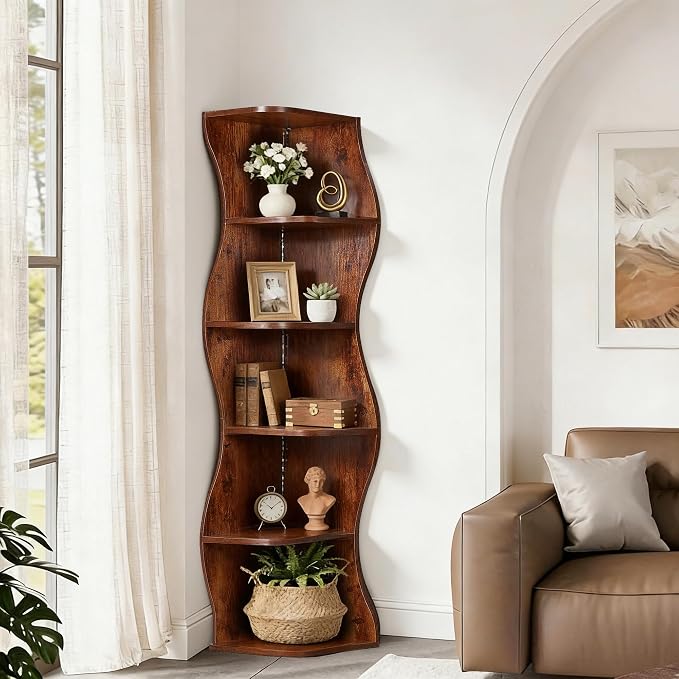 VECELO Wavy Corner Shelf with LED Light, Decorative 6-Tier Corner Display - Image 5