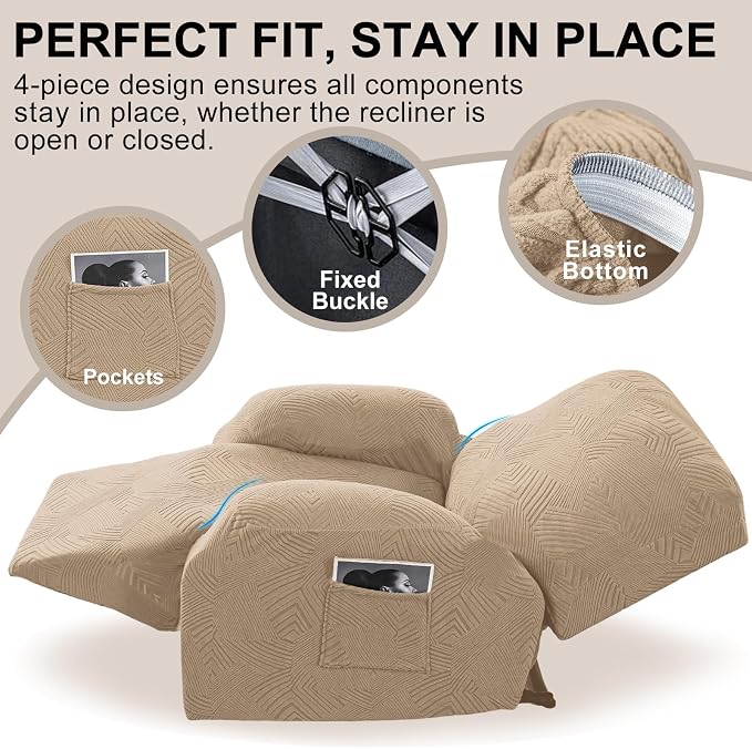 Oversized Recliner Chair Covers, 4-Piece Stretch Geometric Strokes Jacquard - Image 4