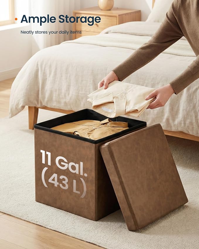 SONGMICS HOME Storage Ottoman, Removable Lid, Foldable Foot Stool, PU Leather - Image 5