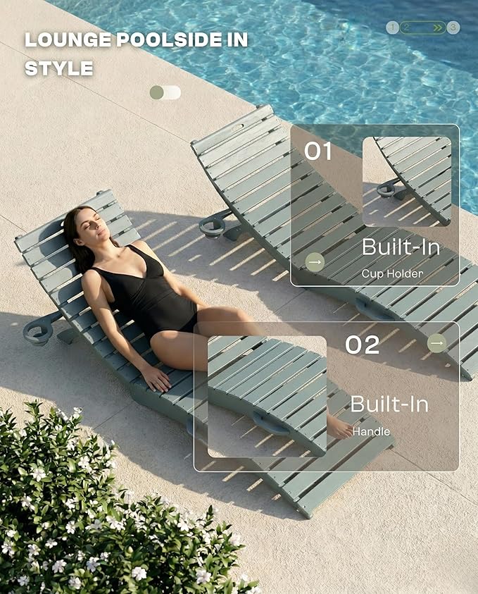 Folding HDPE Pool Lounge Chairs Set of 4, Pre-Assembled Outdoor Chaise Lounge - Image 5