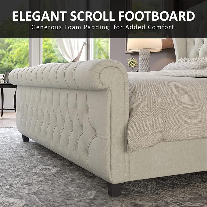 AMERLIFE Queen Size Platform Bed Frame, Chenille Upholstered Sleigh Bed - Image 6