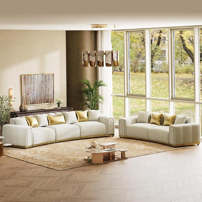 Oversized Luxury Chesterfield Sofa Set Velvet Beige and Gold Couch by ModernSofaforLivingRoom